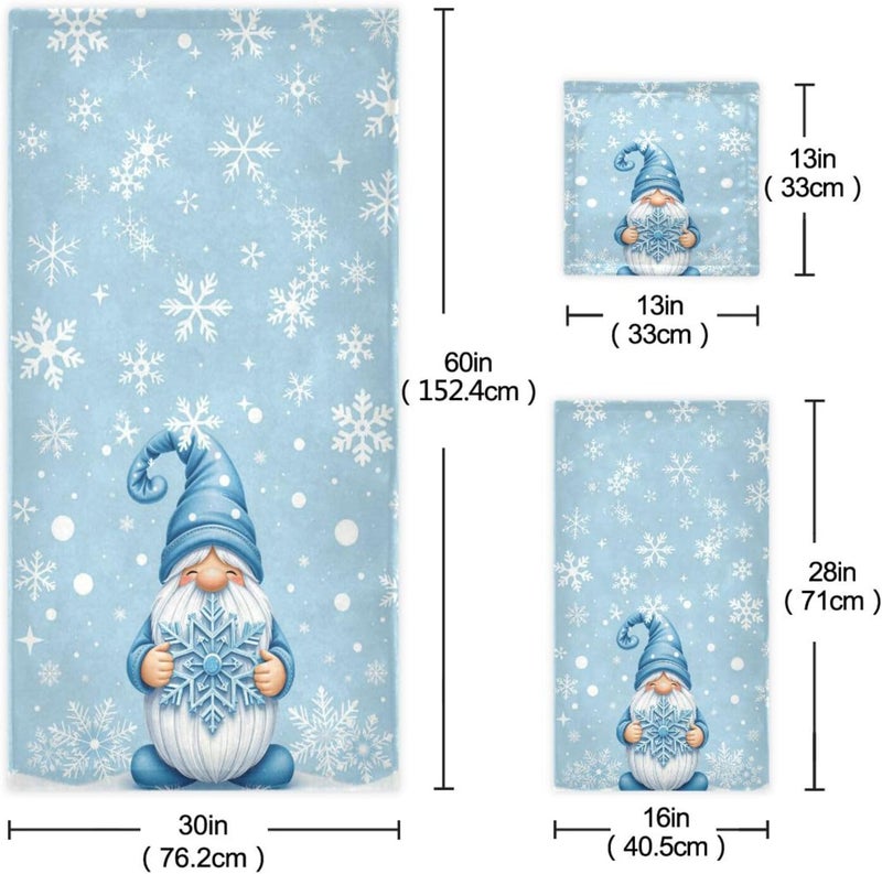 Dussdil Blue Winter Gnome Snowflakes Bathroom Towel Set of 3 Pcs Hand Fingertip Towels 1 Bath Towel 1 Hand Towel 1 Washcloth for Home Bathroom Beach Swim Soft Highly Absorbent Multipurpose Decor - Image 2